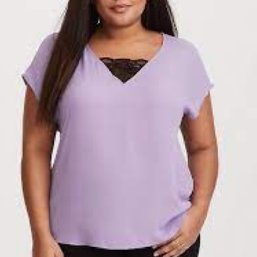 Torrid Lavender Purple Georgette Black Lace Inset Blouse Size 00 Large